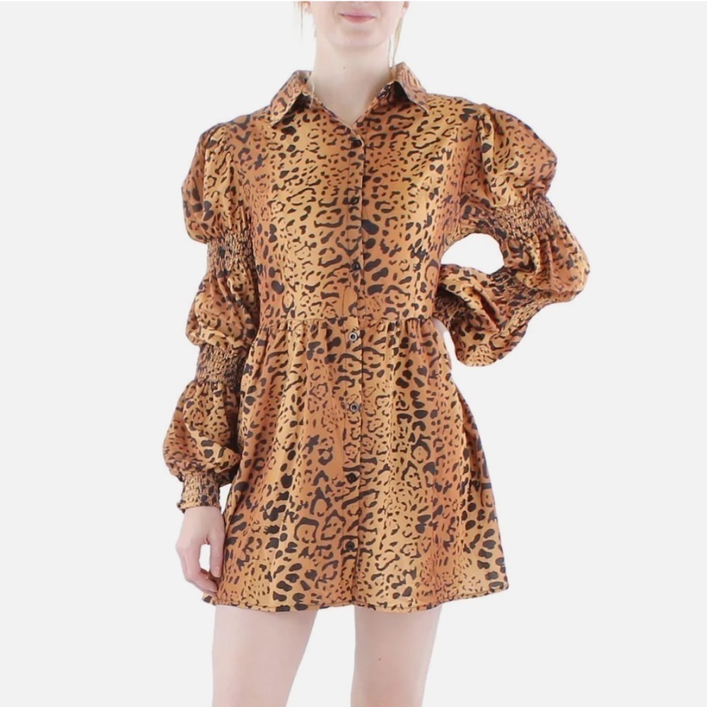 N By Nancy Leopard Animal Print Long Sleeve Mini Shirt Dress Size M